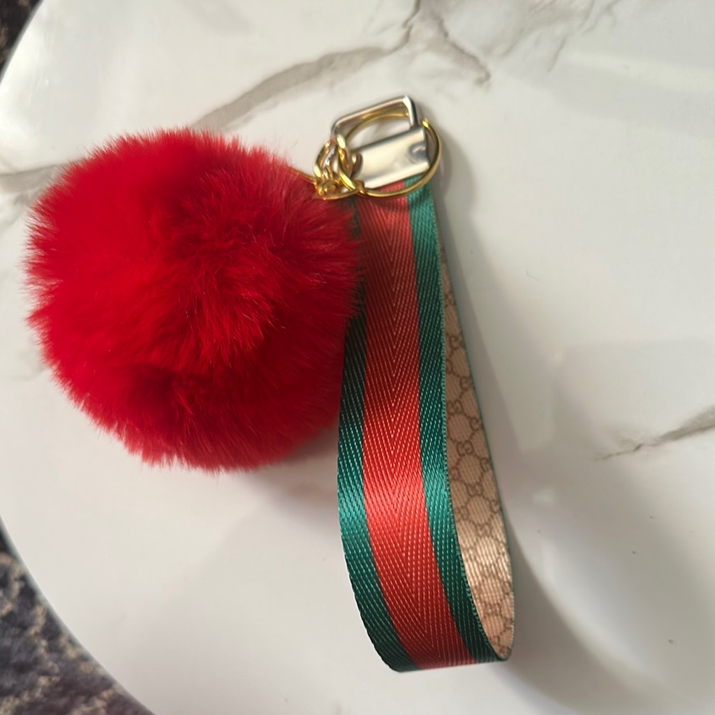 Red And Green Key  Card Holder With PomPom And Gold Hardware